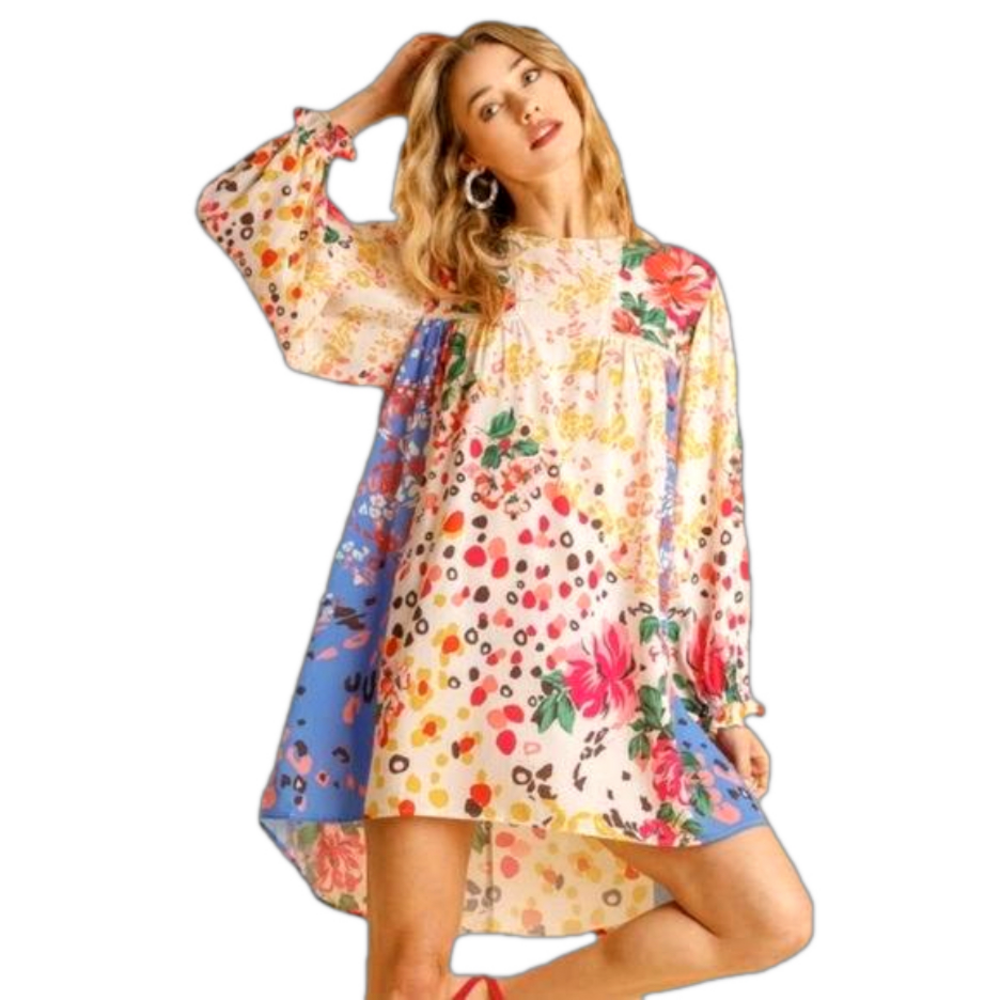 Umgee Mixed Print Crochet Ruffle Dress size Small bohemian summer
